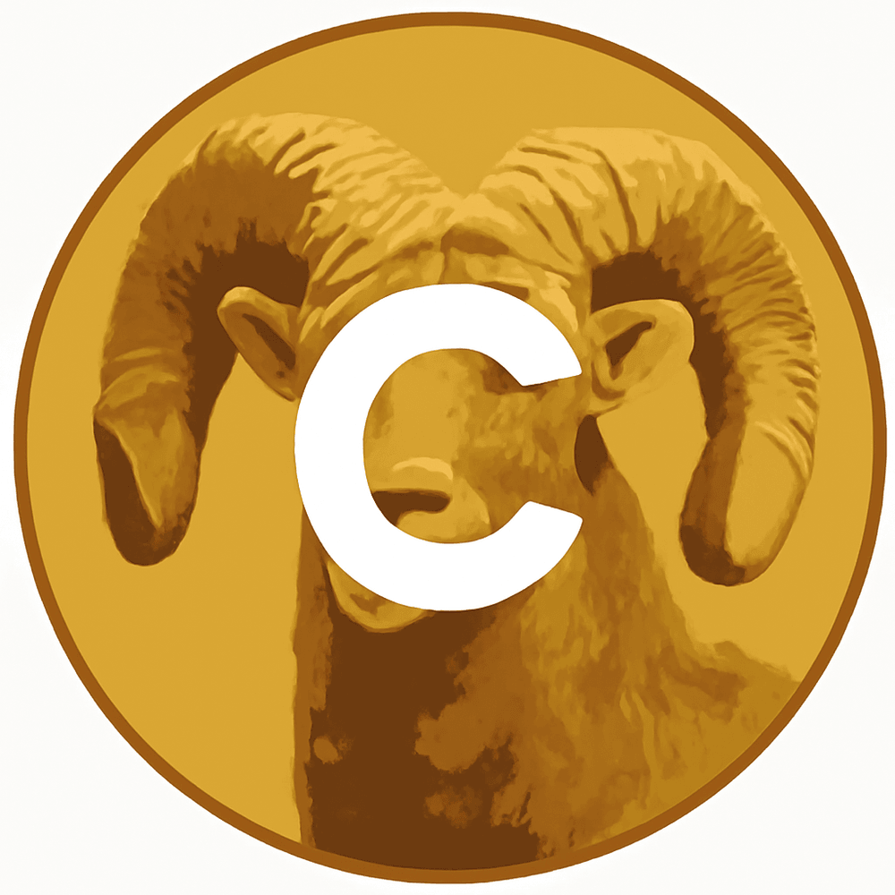 a bighorn ram with an absurdly heroic square jaw, monogrammed with a giant letter C, member spotlight photo